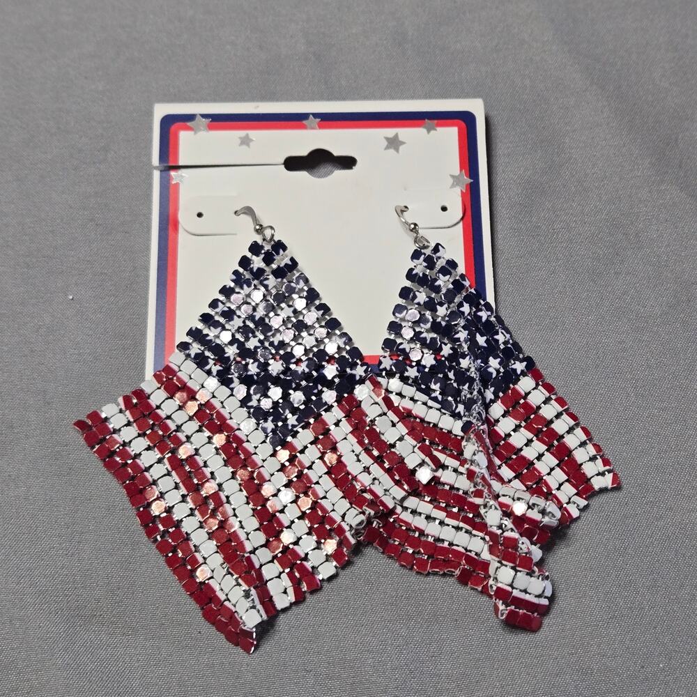 American Flag Rhinestone Mesh Dangle Statement Earrings